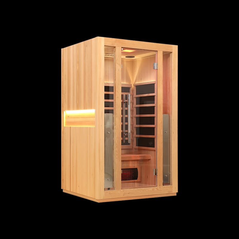 Wooden sauna with glass door on a black background