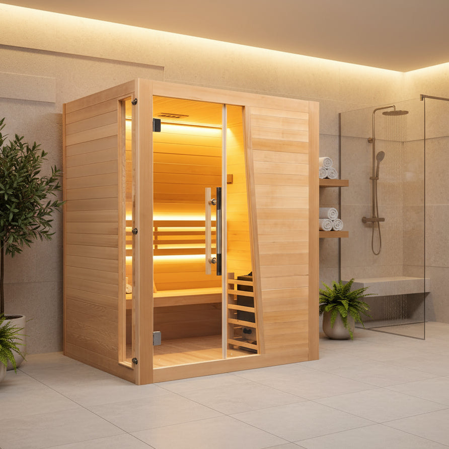 Wooden sauna in a modern bathroom with plants and a shower.