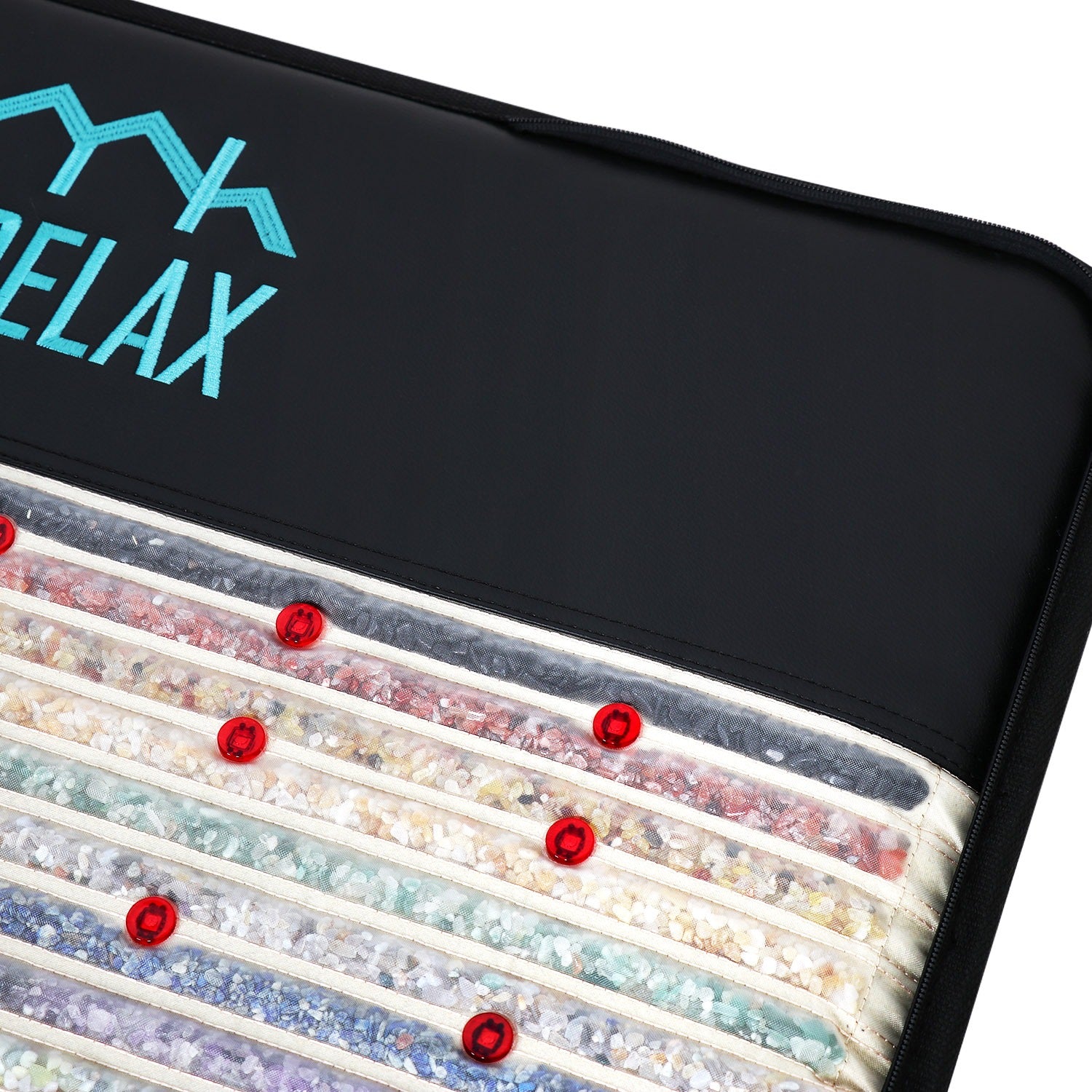 PEMF, RLT, SAUNA mat with 'RELAX' text and crystals