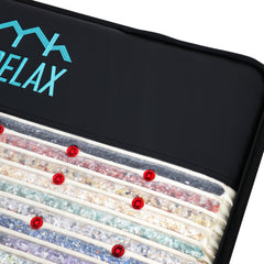 PEMF, RLT, SAUNA mat with 'RELAX' text and crystals