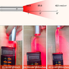 Measurement device emitting red light with digital readings on a white background