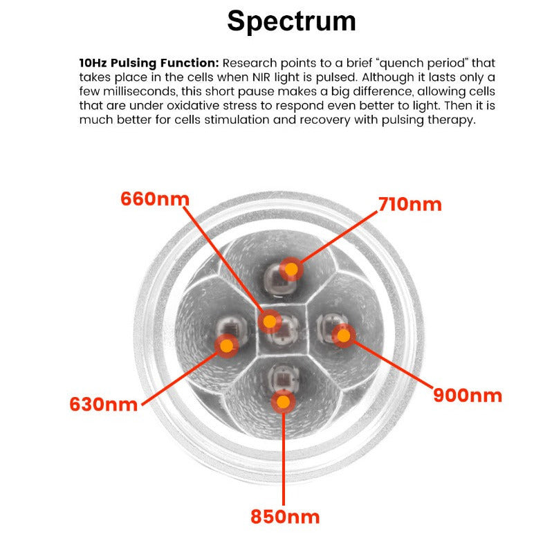 Diagram of light spectrum with wavelengths labeled, including text about 10Hz pulsing function.