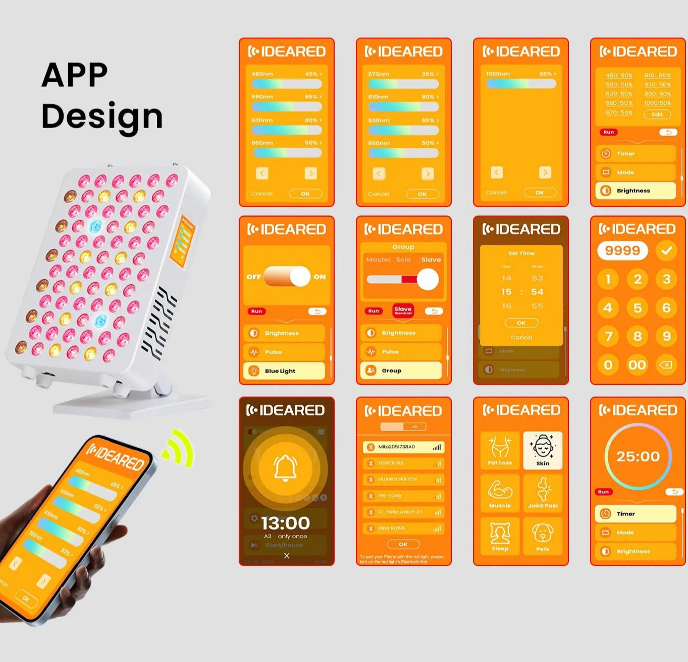 Panel de terapia de luz roja de espectro completo de 9 ondas con APP