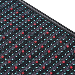 Close-up of a grid with red and blue components on a black background